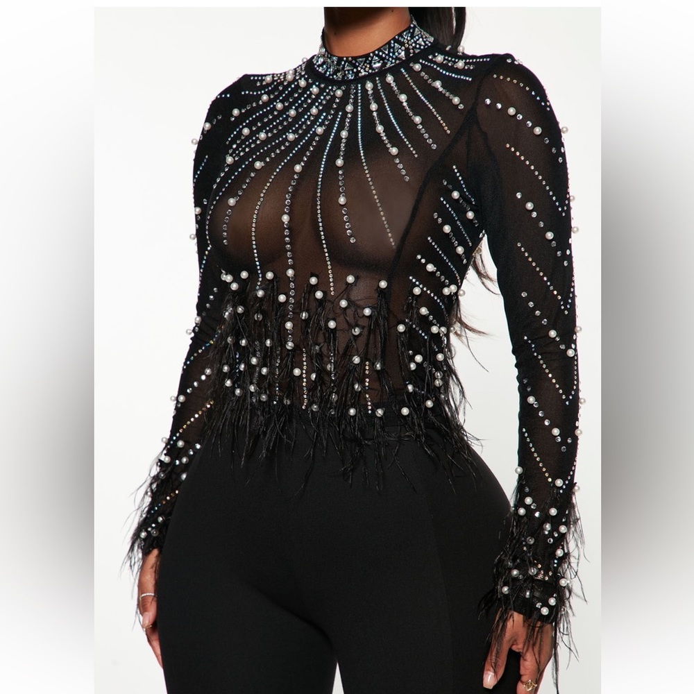 Black seamless top with rhinestones and pearls